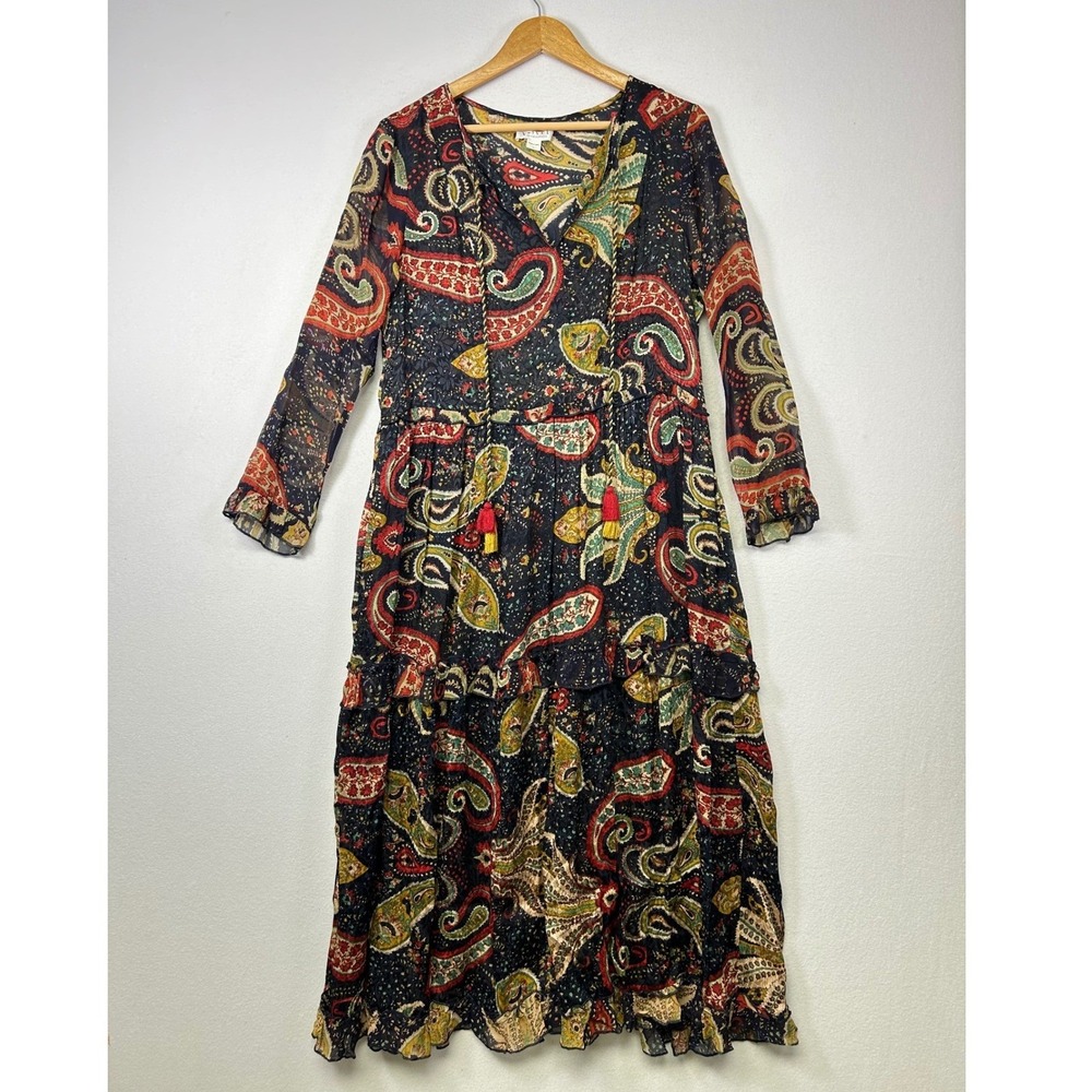 Boho Gypsy Ethereal Graham & Spencer Women L Black Paisley Tiered Midi Dress